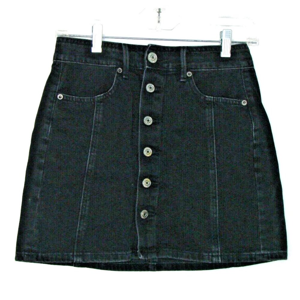 American Eagle Full Button Y2K Jeans Mini Skirt Size 0 Black Wash Denim Pockets